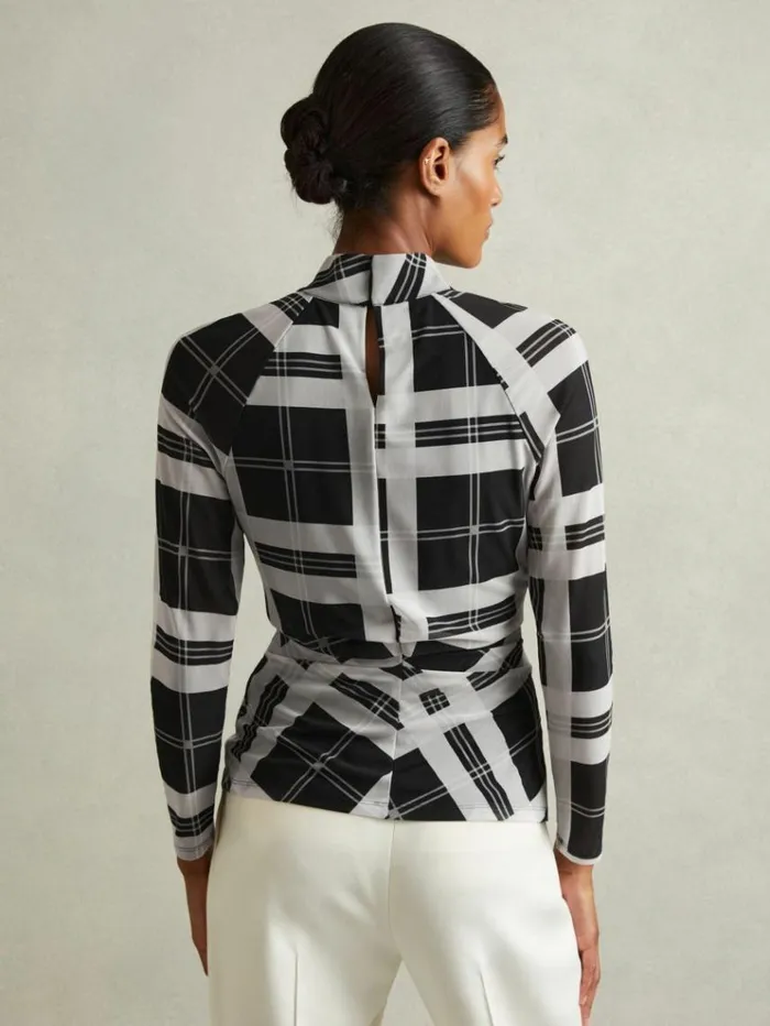 REISS Tops Women Checked Ruched Top Blackwhite