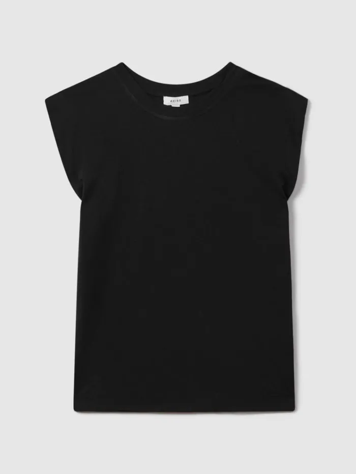 REISS Tops Women Cotton Capped Sleeve TShirt Black