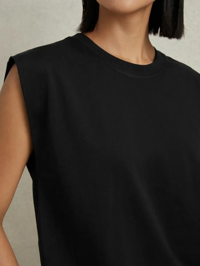 REISS Tops Women Cotton Capped Sleeve TShirt Black
