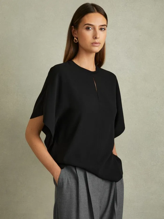 REISS Tops Women Draped Sleeve Top Black