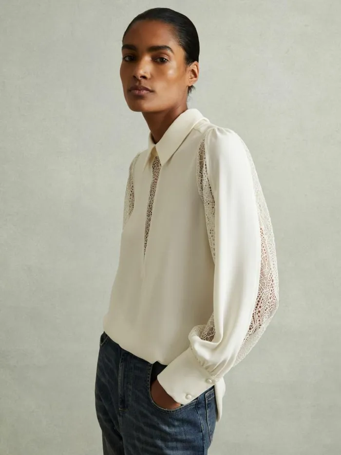 REISS Tops Women Lace Insert Blouse Cream