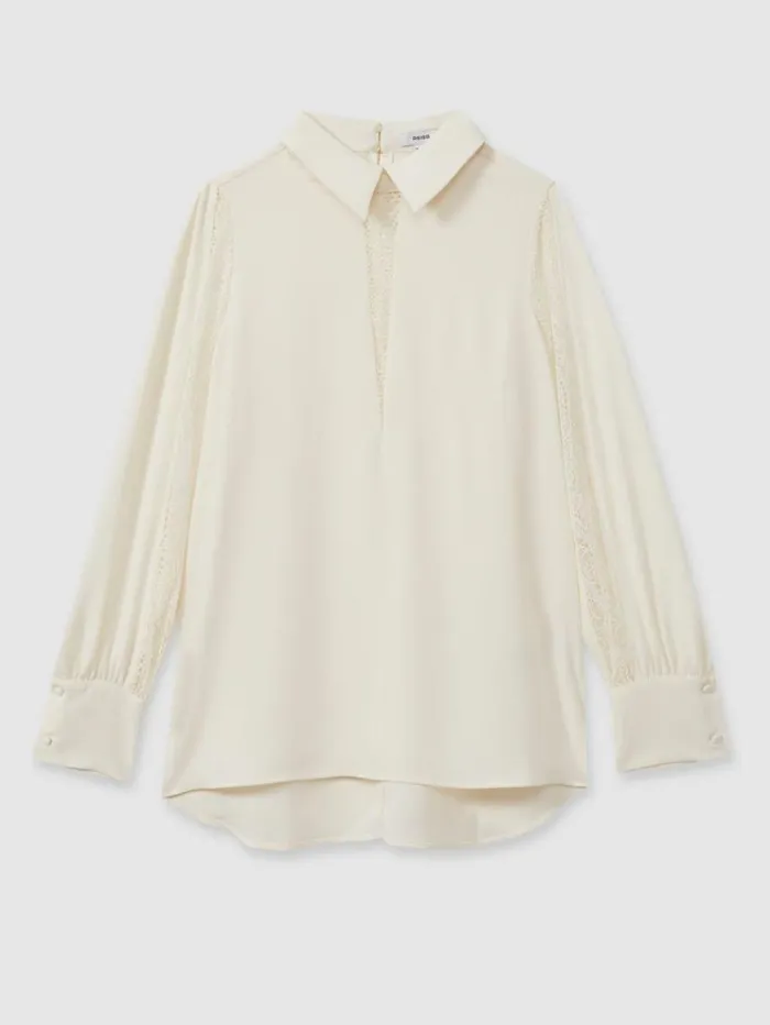 REISS Tops Women Lace Insert Blouse Cream