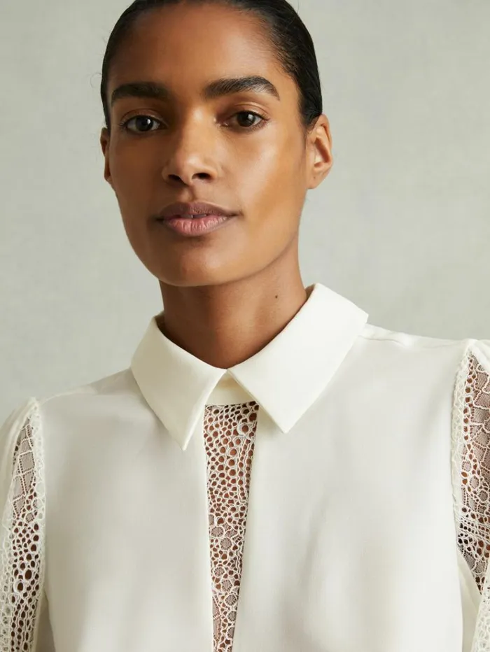 REISS Tops Women Lace Insert Blouse Cream