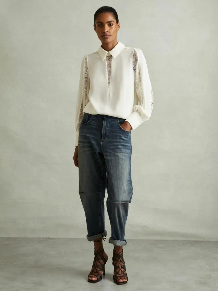 REISS Tops Women Lace Insert Blouse Cream