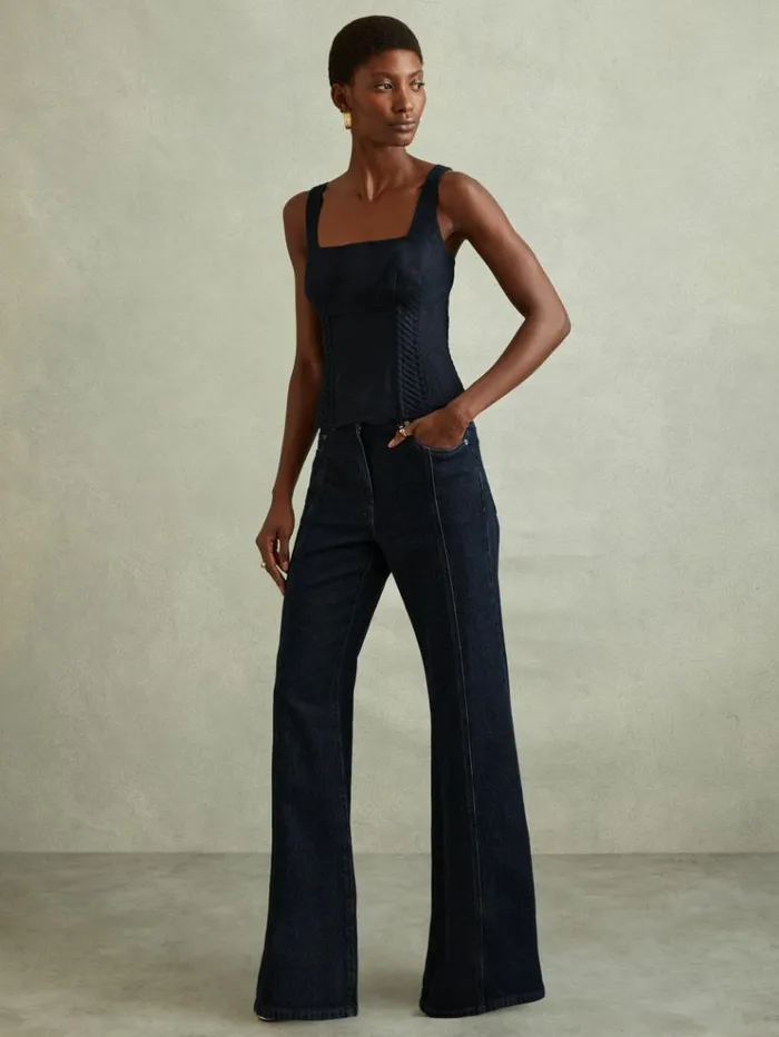 REISS Tops Women Linen Corset Vest Navy