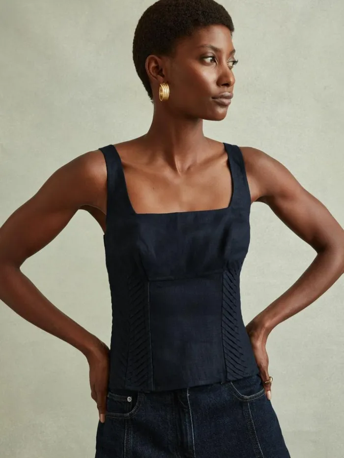 REISS Tops Women Linen Corset Vest Navy