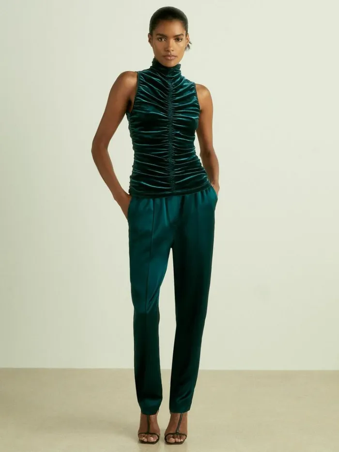 REISS Tops Women RacerFront RuchedVelvet Sleeveless Top Teal