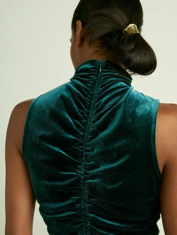 REISS Tops Women RacerFront RuchedVelvet Sleeveless Top Teal
