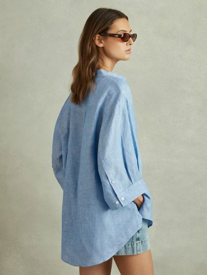 REISS Tops Women Relaxed Sleeve 100 Linen Shirt Blue
