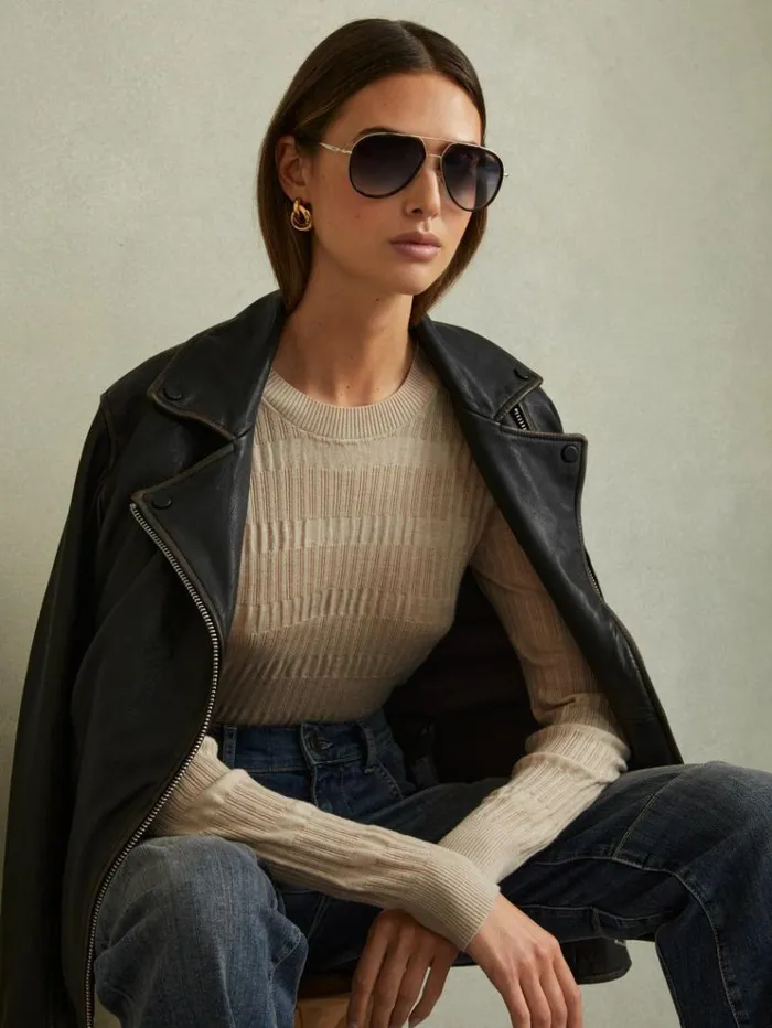 REISS Tops Women Ribbed Crew Neck Top Stone