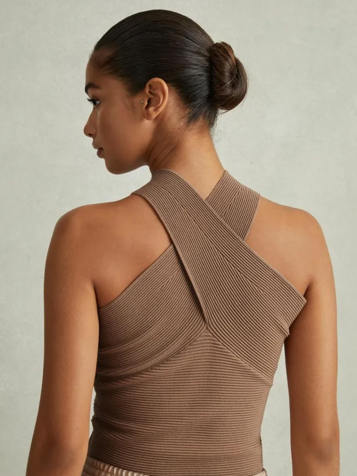 REISS Tops Women Ribbed CrossOver Vest Neutral