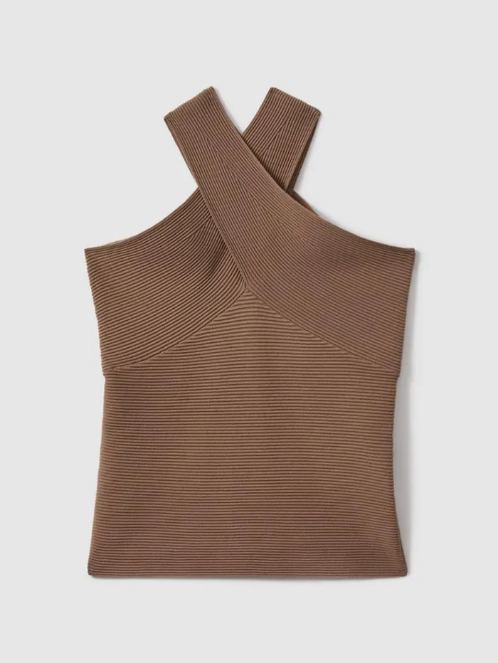 REISS Tops Women Ribbed CrossOver Vest Neutral