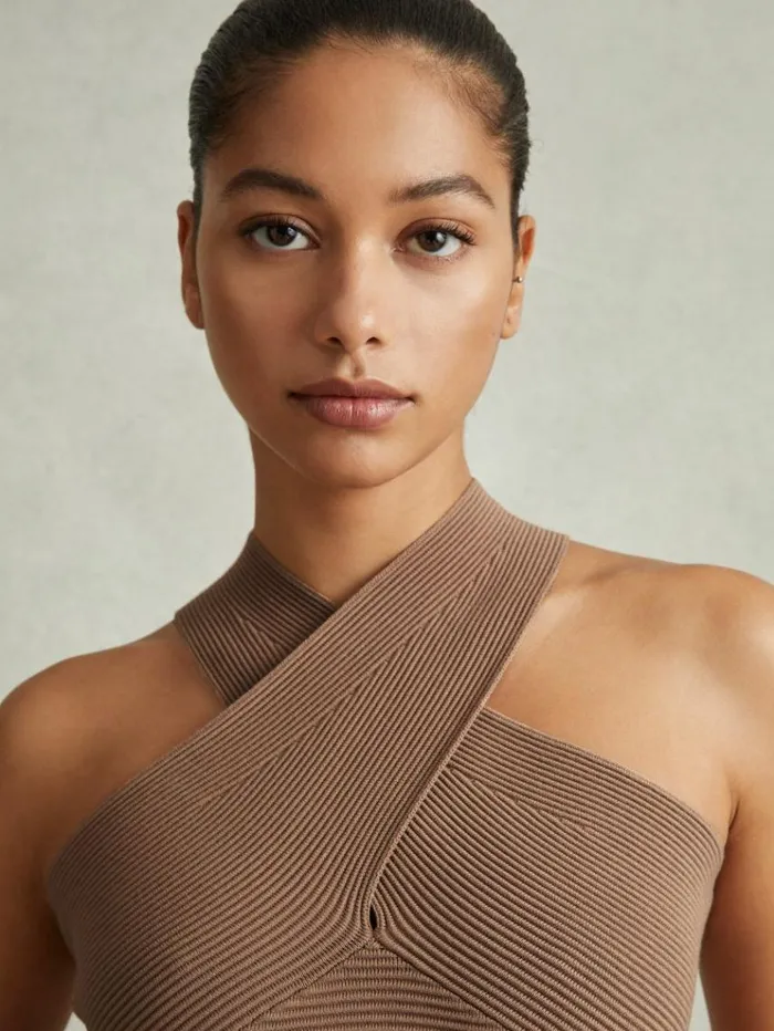 REISS Tops Women Ribbed CrossOver Vest Neutral