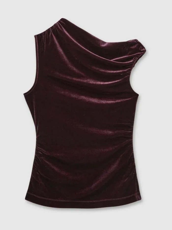 REISS Tops Women Velvet Drape OffShoulder Top Berry
