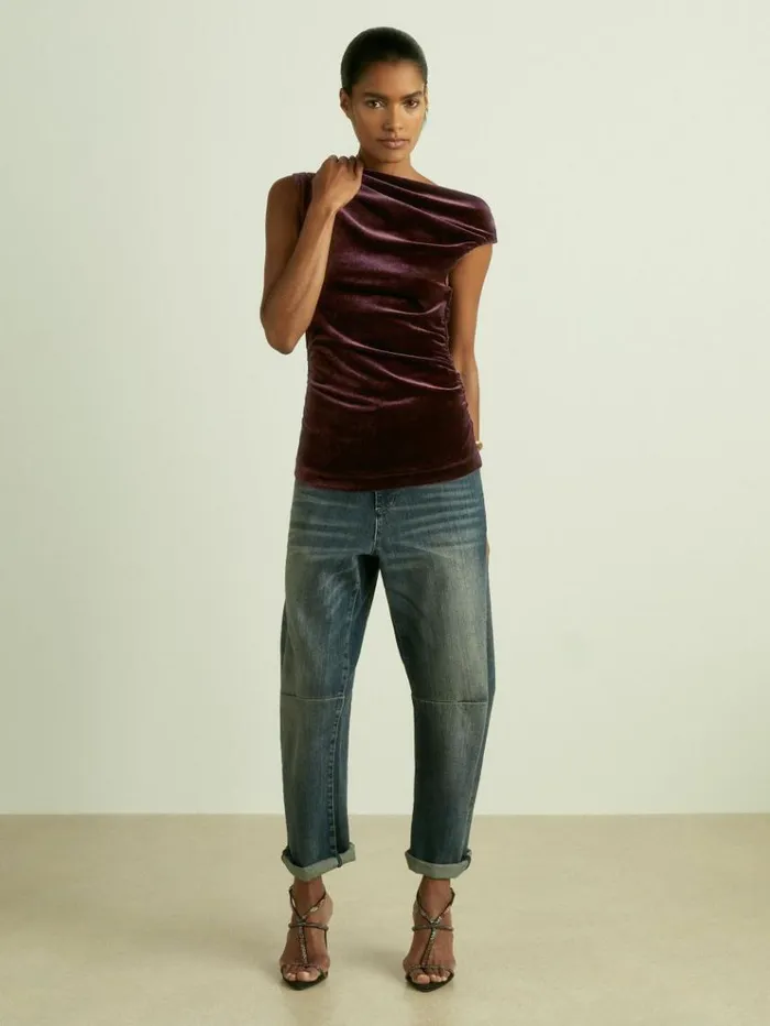 REISS Tops Women Velvet Drape OffShoulder Top Berry
