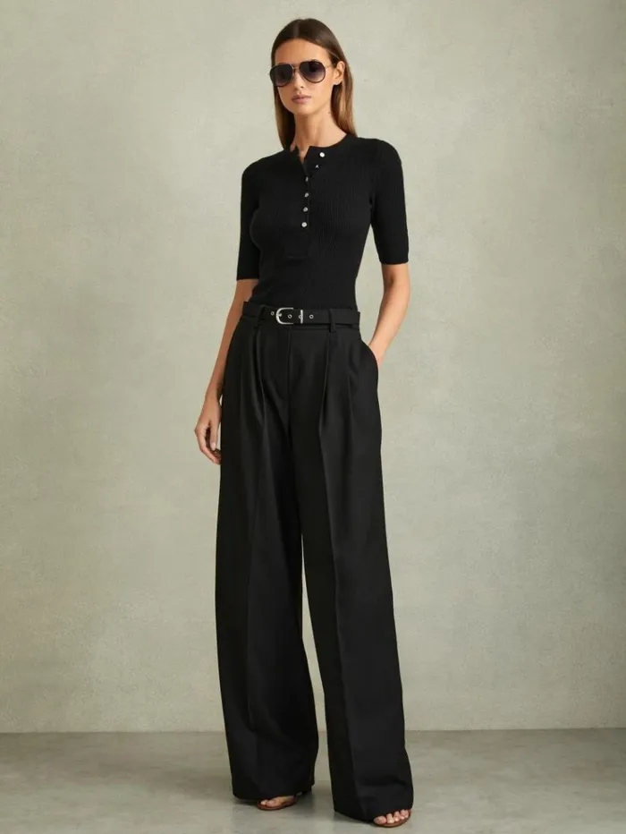 REISS Tops Women Wool Blend Button Detail Top Black
