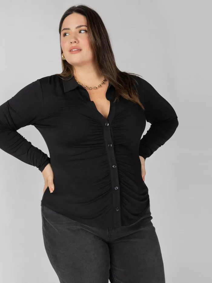 Sanctuary Clothing Tees and Tops Women Dreamgirl Knit Button Up Top Black Inclusive Collection