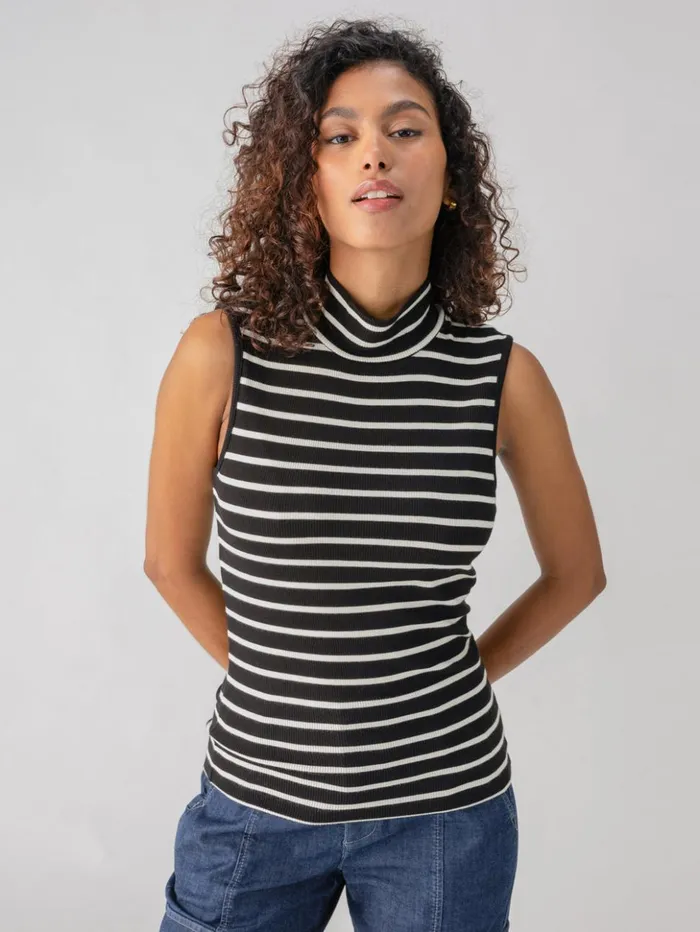 Sanctuary Clothing Tees and Tops Women Essential Sleeveless Mock Neck Tank Black Chalk Stripe Sanctuary Clothing Tees and Tops Women Essential Sleeveless Mock Neck Tank Black Chalk Stripe