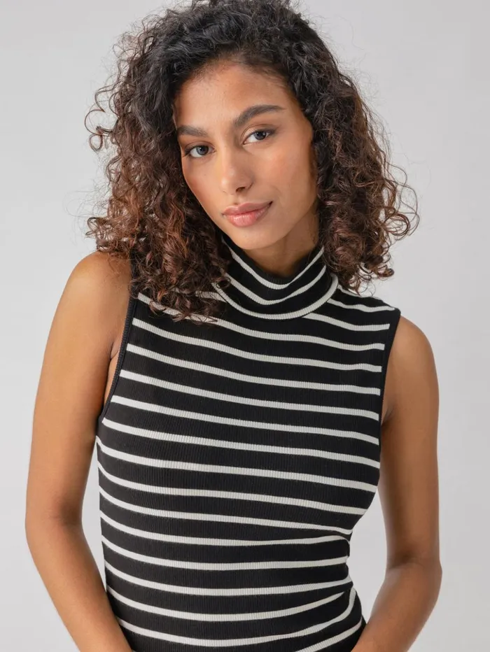 Sanctuary Clothing Tees and Tops Women Essential Sleeveless Mock Neck Tank Black Chalk Stripe Sanctuary Clothing Tees and Tops Women Essential Sleeveless Mock Neck Tank Black Chalk Stripe