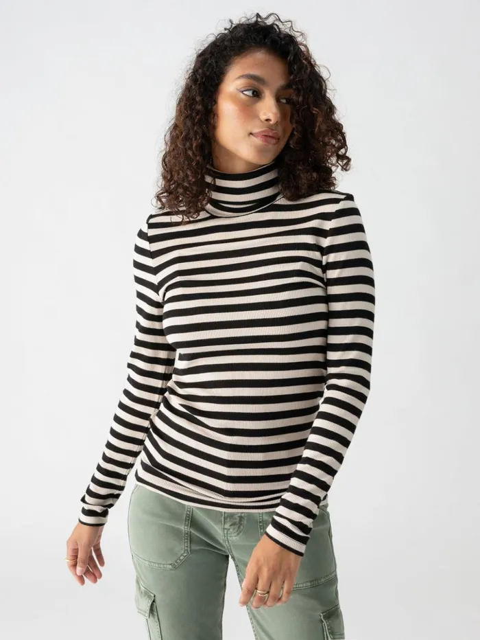 Sanctuary Clothing Tees and Tops Women Essential Turtleneck Top Toasted Almond Black Mini Stripe