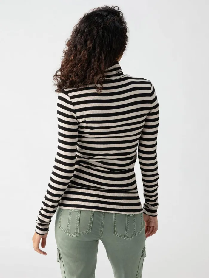 Sanctuary Clothing Tees and Tops Women Essential Turtleneck Top Toasted Almond Black Mini Stripe