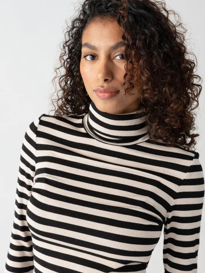 Sanctuary Clothing Tees and Tops Women Essential Turtleneck Top Toasted Almond Black Mini Stripe