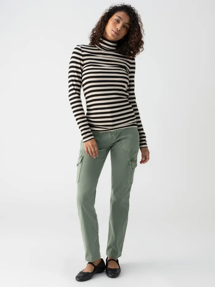Sanctuary Clothing Tees and Tops Women Essential Turtleneck Top Toasted Almond Black Mini Stripe
