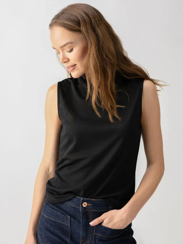 Sanctuary Clothing Tees and Tops Women Shirred Neck Mesh Tank Black