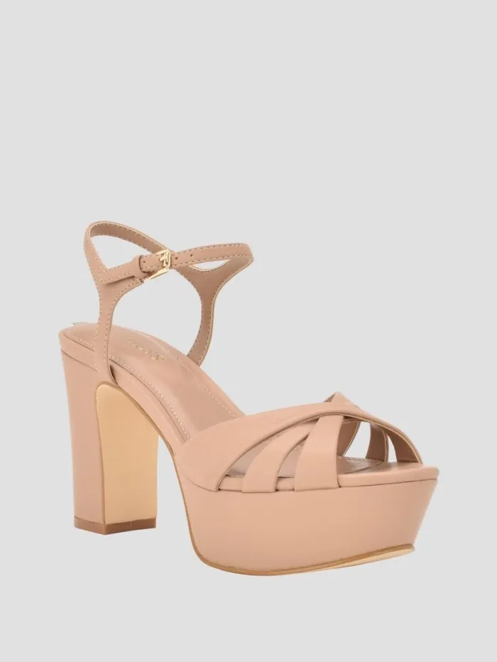 Sandals Women GUESS Haylo Crisscross Platform Block Heels Medium Natural 101