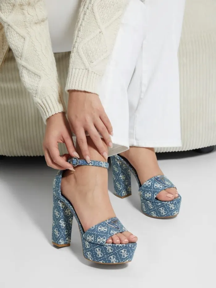 Sandals Women Setone Denim Quattro G Platform Heels Denim Tie Dye GUESS