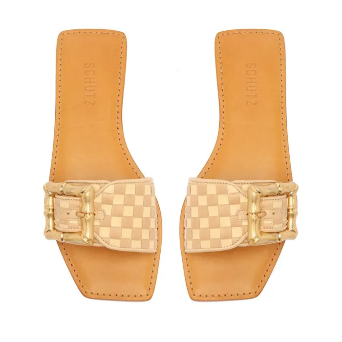 Schutz Shoes Flats Enola Woven Leather Sandal Beige 8211 Women