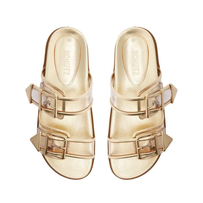 Schutz Shoes Flats Naomi Sporty Vinyl and Metallic Sandal Gold 8211 Women