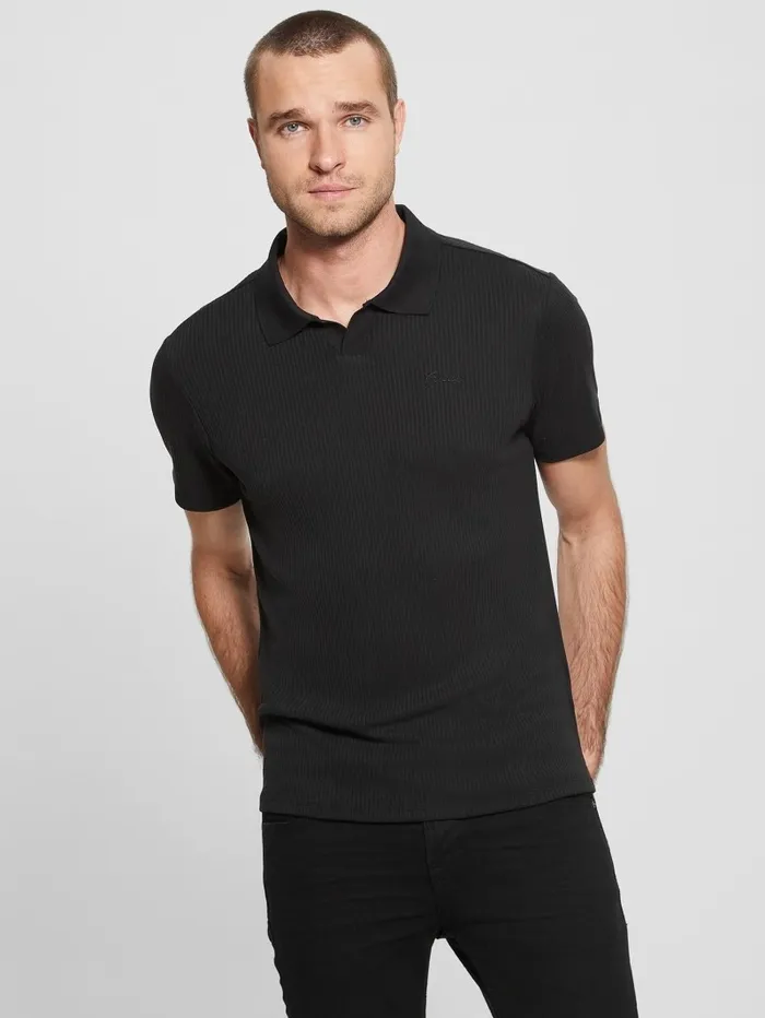 Shirts GUESS Men Newport Ribbed Polo Black Shirts GUESS Men Newport Ribbed Polo Black