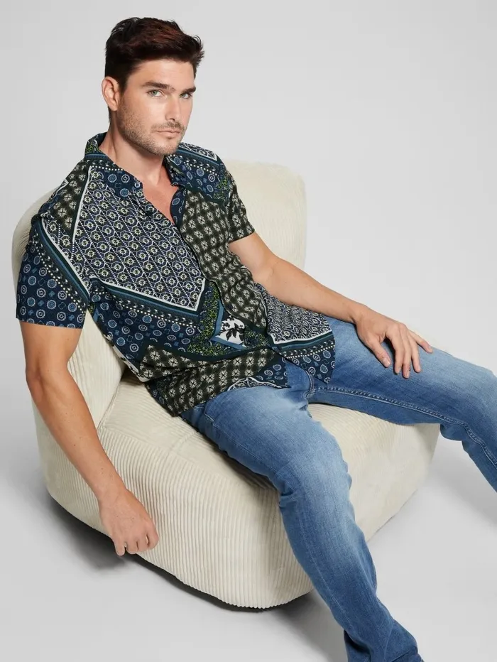 Shirts Men GUESS Eco Rayon Scarf Shirt Geo Tile Scarf