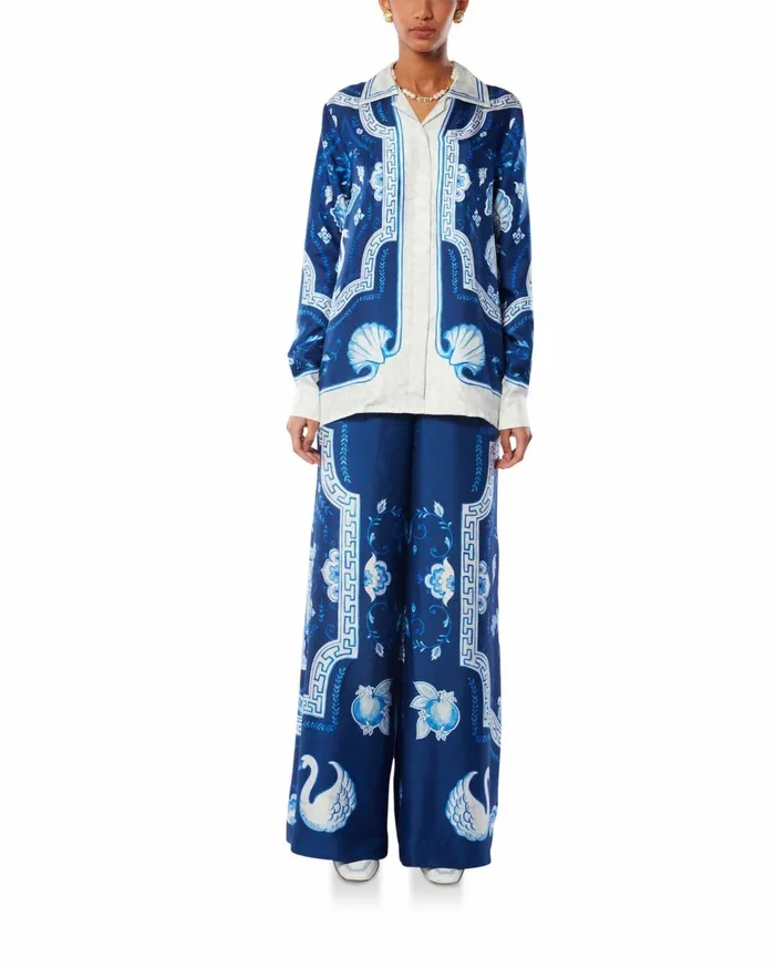 Shirts Women Casablanca Paris Plat A Dessert Bleu Cuban Collar Silk Shirt