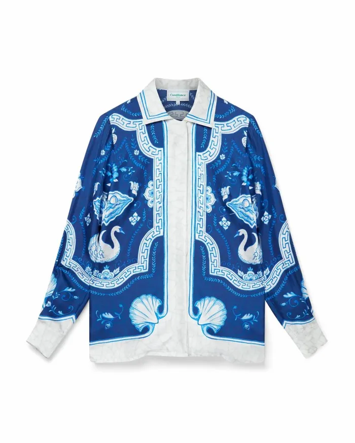 Shirts Women Casablanca Paris Plat A Dessert Bleu Cuban Collar Silk Shirt