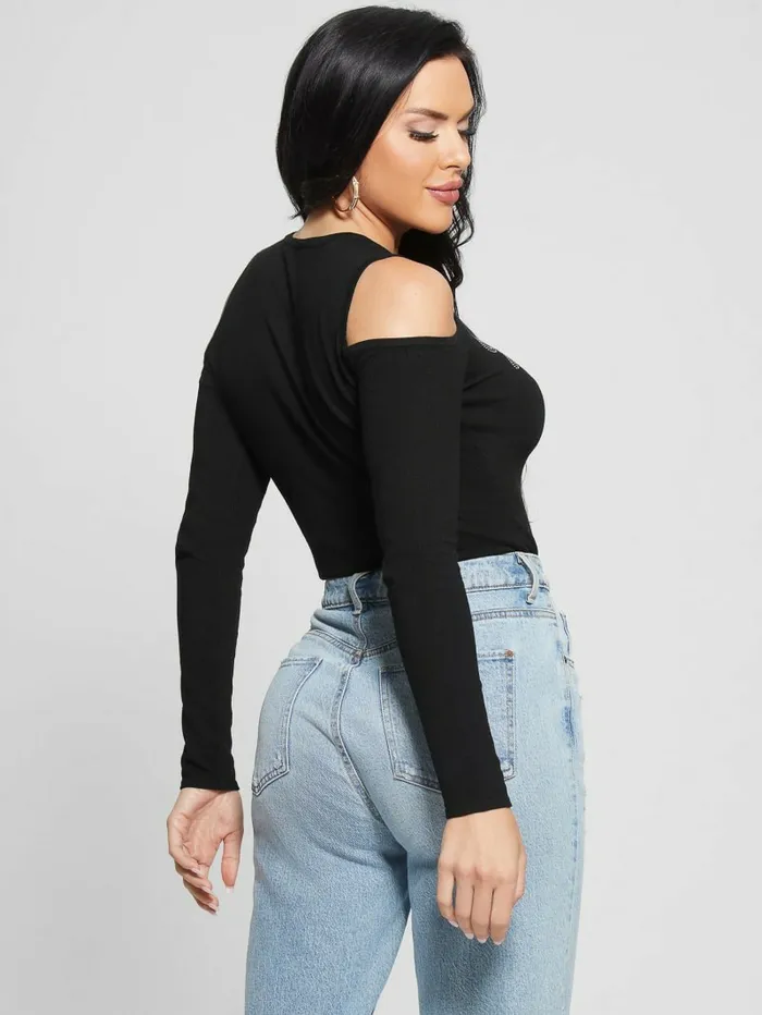 Signature ColdShoulder Sweater Black Sweaters and Knits GUESS Women