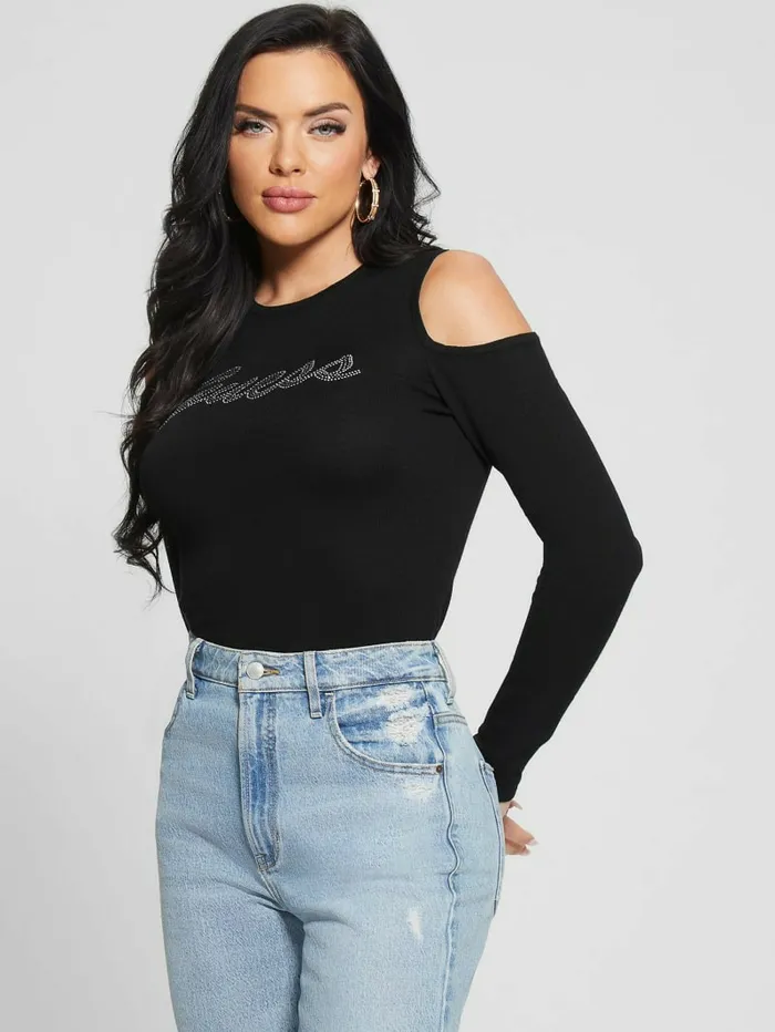 Signature ColdShoulder Sweater Black Sweaters and Knits GUESS Women