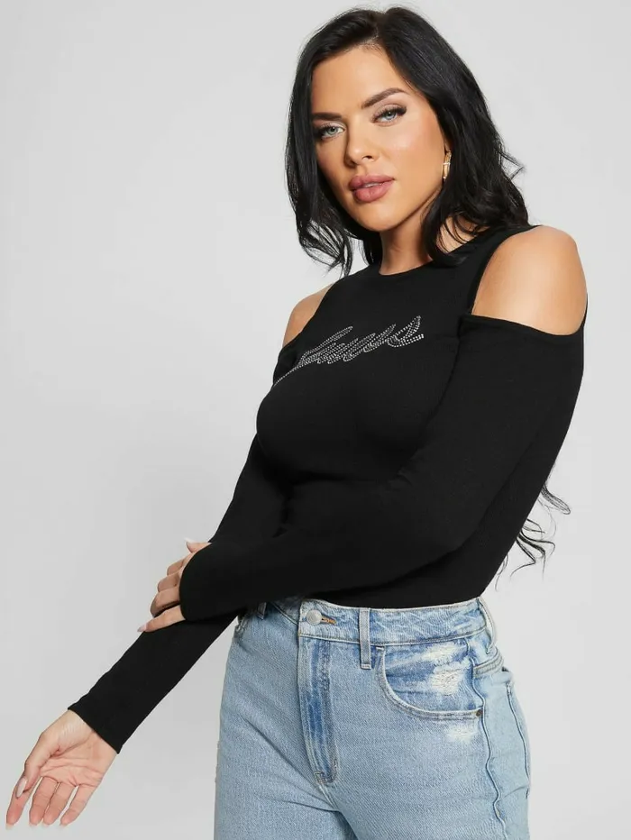 Signature ColdShoulder Sweater Black Sweaters and Knits GUESS Women