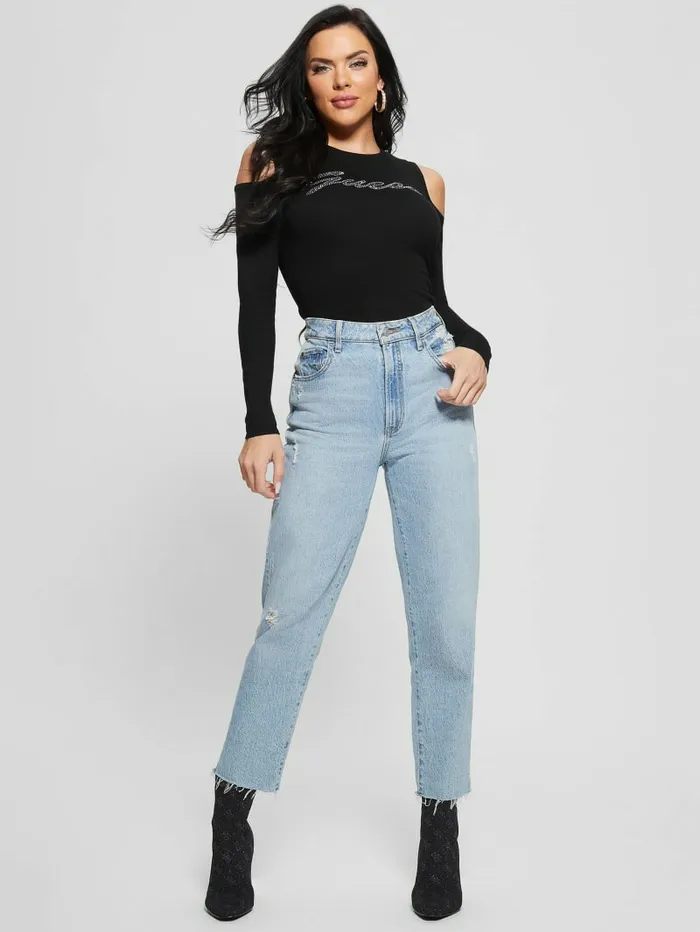 Signature ColdShoulder Sweater Black Sweaters and Knits GUESS Women