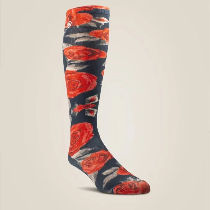 Socks Women Ariat Red Roses Knee High Sock Vintage Rose Print