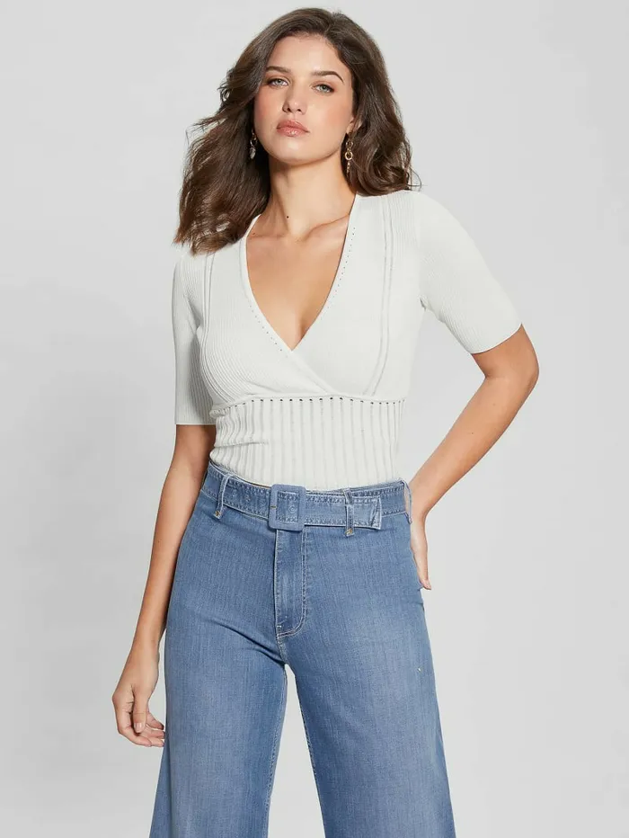 Soft Bandage VNeck Top Cream White Women Tops GUESS
