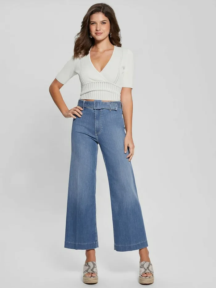 Soft Bandage VNeck Top Cream White Women Tops GUESS