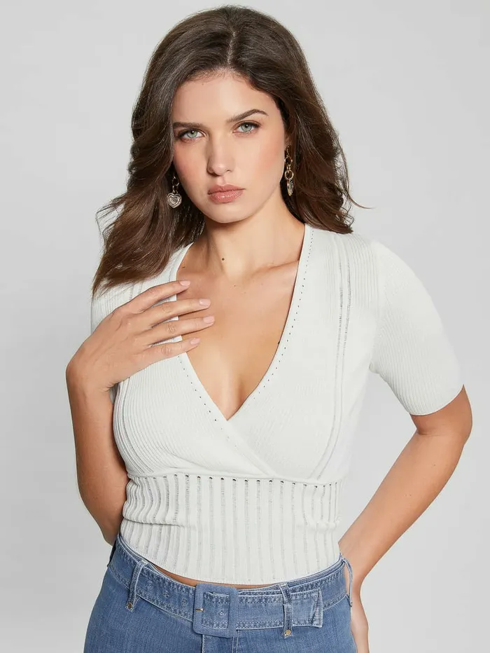 Soft Bandage VNeck Top Cream White Women Tops GUESS