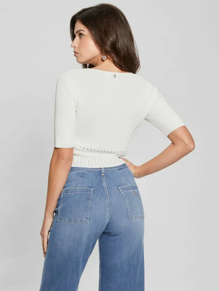 Soft Bandage VNeck Top Cream White Women Tops GUESS