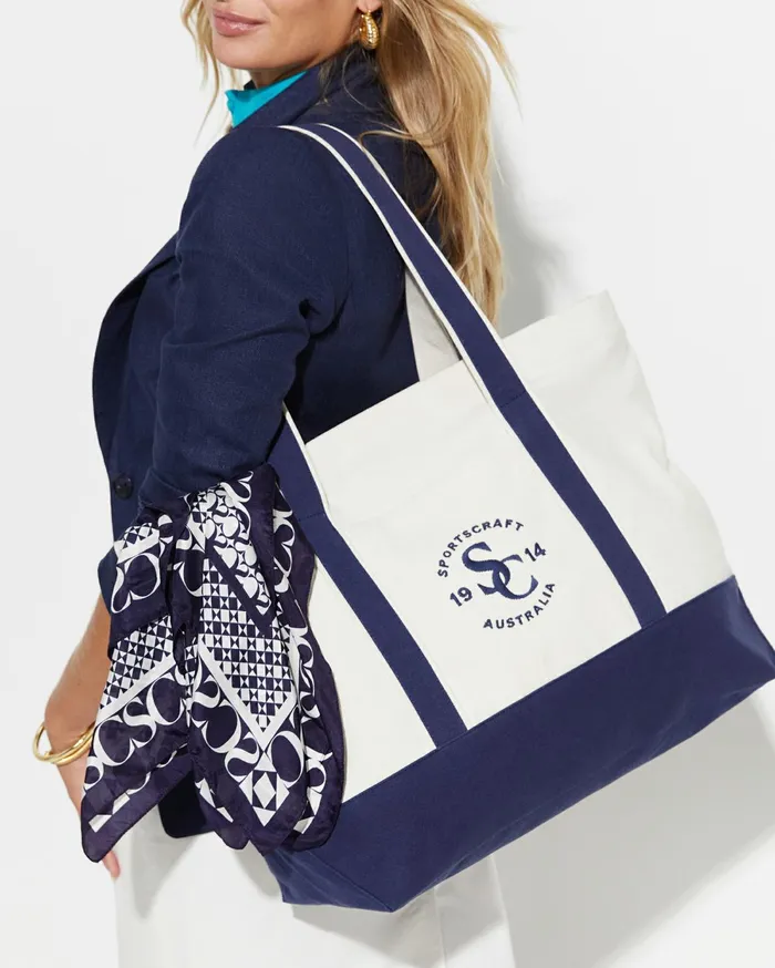 Sportscraft Club Sport Canvas Tote Ecrunavy Women Bags