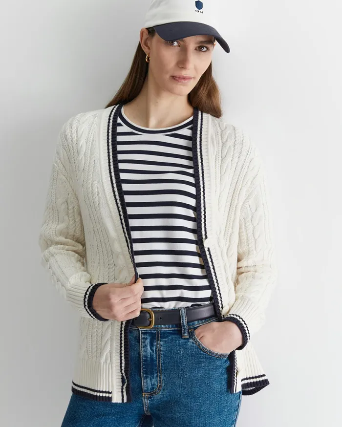 Sportscraft Elka Club Sport Cable Cardigan Creamnavy Women Knits and Cardigans