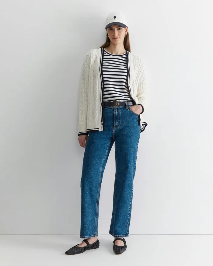 Sportscraft Elka Club Sport Cable Cardigan Creamnavy Women Knits and Cardigans