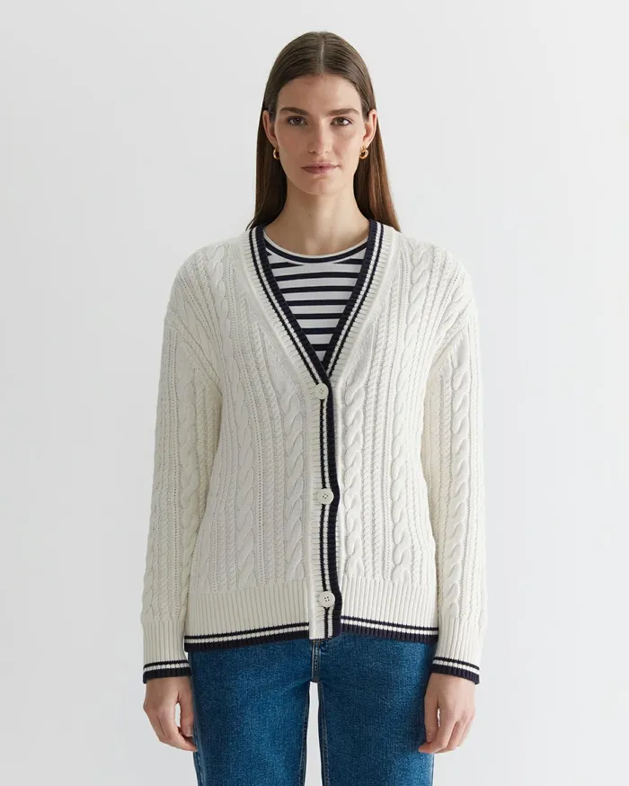 Sportscraft Elka Club Sport Cable Cardigan Creamnavy Women Knits and Cardigans