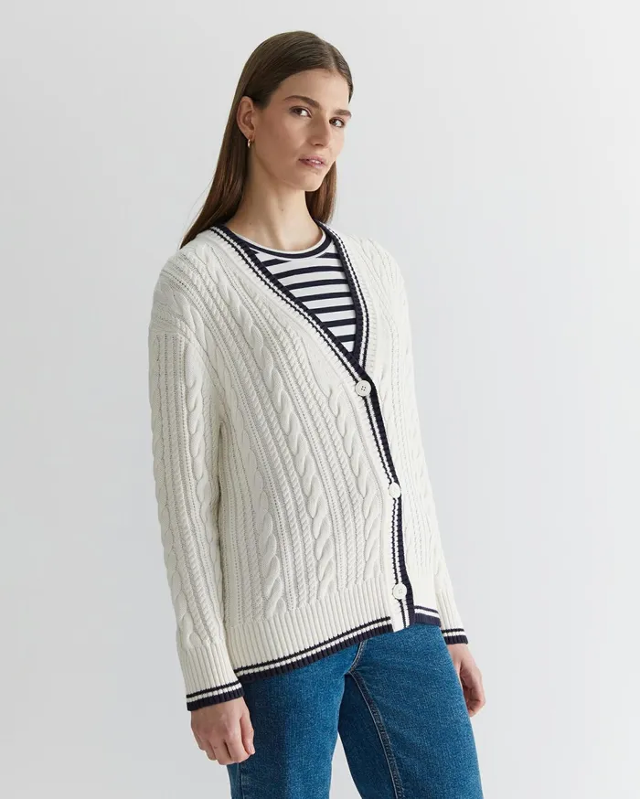 Sportscraft Elka Club Sport Cable Cardigan Creamnavy Women Knits and Cardigans